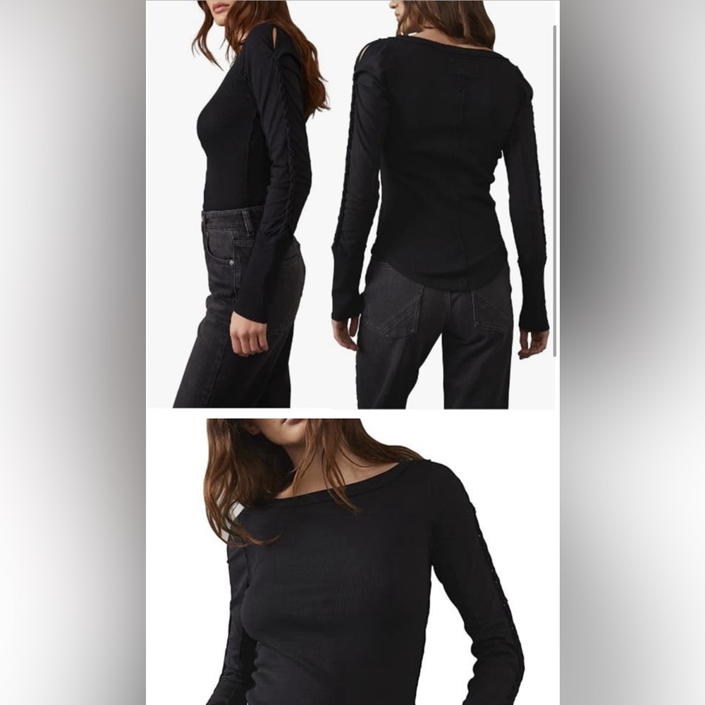Free People Daisy Chain Cuff Tee Braid Black Long-Sleeve‎ Large